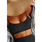 Angelsin Yüksek Bel Özel Kumaş Tankini Bikini Üstü Siyah