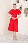 Midi Boy Kemerli Kırmızı Saten Abiye  Elbise