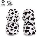 Organik Pamuk Bebek Patiği, Kaydırmaz Taban, Pamuklu Yenidoğan Pandufu Ev Kreş Ayakkabısı, İnek Deseni