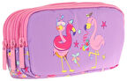 Kaukko Kids Pembe Mor, Flamingolar, Kız Çocuk Üç Gözlü Okul Kalem Çantası - L8240
