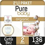 Pure Baby Organik Pamuklu Cırtlı Bez 2'li Paket 2 Numara Mini 136 Adet