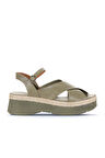 Bueno Shoes Haki Deri Kadın Dolgu Topuklu Sandalet 01wy8205
