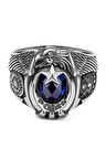 Tek Kartal Başlı Osmanlı Armalı Pençe Figürlü 925 Ayar Gümüş Polis Yüzüğü Mavi Zirkon Taşlı