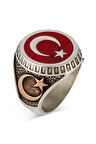 Ay Yıldız Ve Osmanlı Armalı Türk Bayrağı Gümüş Erkek Yüzük Kırmızı