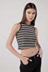 Slim Fit Dar Kesim Bisiklet Yaka Kolsuz Crop Siyah Çizgili Esnek Tişört