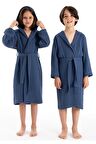 Kapşonlu Müslin Çocuk Bornoz Lacivert 5-6 Yaş