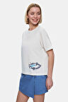 ODETTE Kemik Rengi Bisiklet Yaka Baskılı Loose Fit Kadın Tshirt