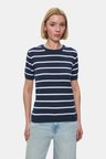 MISHA Lacivert Çizgili Bisiklet Yaka Triko Nakışlı Standard Fit Kadın Tshirt