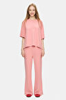 URANIA Pembe İspanyol Paça Gofre Baskı Loose Fit Kadın Eşofman Alt