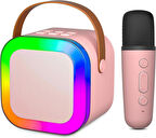 Rose K12 Taşınabilir Şarjlı Bluetooth Karaoke Mini Mikrofon ve Hoparlör Seti - Pembe