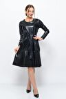 Kadın Bisiklet Yaka Bağlama Detaylı Deri Görünümlü Kışlık Siyah Elbise 4357/100
