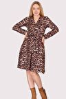 Kadın Kruvaze Yaka Bağlama Detaylı Leopar Desenli Mevsimlik Midi Elbise 4358/100