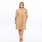 Kadın V Yaka Fırfır Detaylı Önden Top Düğmeli 4/3 Kol Midi Boy Büyük Beden Elbise 4415/105