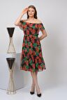 Kadın Desenli Madonna Yaka Midi Şifon Elbise 4448 115