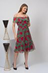 Kadın Desenli Madonna Yaka Midi Şifon Elbise 4448 115