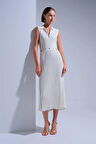 Kadın Fermuar Detaylı Açılabilir Bel Dekolteli Midi Elbise - Ekru  | M