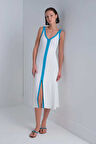 Kadın Turkuaz Şerit Detaylı Çan Elbise - Ekru  | M