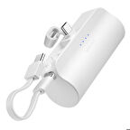 Type-C Soketli Mini Powerbank 5000mAh 2 Type-C Port Dahili Kablolu Taşınabilir Şarj Cihazı Beyaz