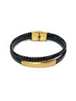 JTSS25DEB1501 SAÇ ÖRGÜ ve DÜZ DERİ GOLD ÇELİK APARATLI ve ÇELİK KAPAMA SİYAH JANTİ DERİ BİLEKLİK