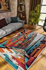 Homshtag Art Deco Sokak,Mavi Turuncu Beyaz Dekoratif Halı,Sokak Sanatı Temalı Graffiti Halısı,Renkli Genç Odası Halısı