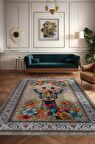 Homshtag Nuh'un Gemisi Koleksiyonu Zürafa, Çiçek Desenli Art Deco Tarzı Vintage Halı,Çok Renkli Maksimalist Halı