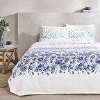 Taç Baskılı Flora Tek Kişilik Pike Takımı Mavi