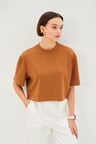 Camel Bisiklet Yaka Crop Örme Tişört