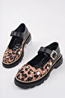 Muggo EGERİA Leopar Desenli Tek Bantlı Kalın Taban Kadın Günlük Loafer Ayakkabı
