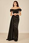 Siyah Drape Detaylı Saten Kumaş Abiye Elbise 9704858.01
