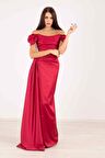 Bordo Drape Detaylı Saten Kumaş Abiye Elbise 9704858.04
