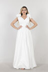 Ekru Omuzları Çiçek Detaylı V Yaka Saten Abiye 1302049.147