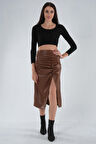Kahve Büzgülü Deri Etek 0101064.05