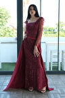 Bordo Boncuk İşlemeli Tül Kol Detaylı Uzun Abiye 9705463.04