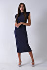 Lacivert Büzgülü Üzeri Taş Detaylı Elbise 03050336.02