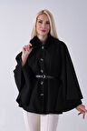 Siyah Önü Düğme Kapamalı Kemerli Yakası Kürklü Panço 47122714.01