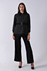 Siyah Tunik Yaka Fermuar Kapamalı File Detaylı Pantolonlu Takım 4577283.01