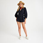 %100 Pamuklu Dokuma Müslin Bağlamalı Kadın Gömlek - Şort Takım