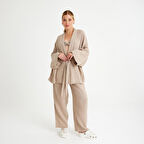 %100 Pamuklu Dokuma Müslin Düğüm Crop Top Arkası Lastikli 2'li Pantolon Takım