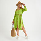 %100 Pamuklu Dokuma Müslin Hakim Yaka Kemer Detaylı Plaj Gömlek Elbise