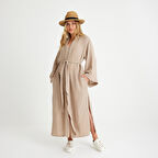 %100 Pamuklu Dokuma Beli Kuşaklı Maxi Kadın Kimono Kaftan
