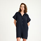 %100 Pamuklu Dokuma Düğme Detaylı Gömlek Yaka Müslin Şort Tulum