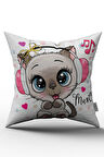 Beyaz Pembe Kulaklıklı Kedili Dijital Baskılı Çocuk Kırlent Yastık Kılıfı  - CHCCK04
