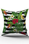 Çift Taraflı Yeşil Kırmızı Tropikal Çiçek Desenli Dijital Baskılı Kırlent Kılıfı - OTYK499-CT