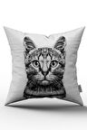 Çift Taraflı Beyaz Siyah Kedi Figürlü Dijital Baskılı Kırlent Kılıfı - OTYK785-CT