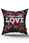 Çift Taraflı Siyaz Çiçekli Love Yazılı Dijital Baskı Kırlent Yastık Kılıfı - CGH466-CT