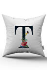Kırmızı Çiçekli Harfli Kırlent Kılıfı T Harfi