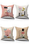 Beyaz Pembe Modern Soyut Figür Desenli Dijital Baskılı Kırlent Yastık Kılıfı Seti 4kmbs118