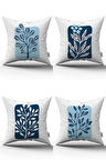 Mavi Beyaz Dekoratif Modern Yaprak Desenli Dijital Baskılı Kırlent Yastık Kılıfı Seti 4kmbs125