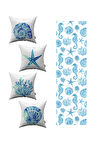 Mavi Marin Desenli 4'lü Kırlent Kılıfı 1 Runner Seti 4kmbs88-RS