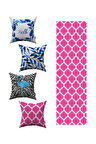 Mavi Pembe Tropik Geometrik Desenli 4'lü Kırlent Kılıfı 1 Runner Seti 4kmbs020-RS